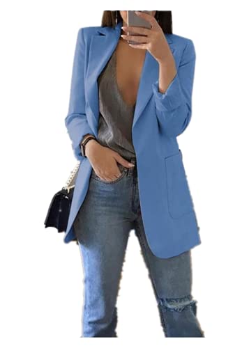 Qichenx Damen Elegant Langarm Blazer Sakko Cardigan Temperament Anzugjacke Einfarbig Slim Fit Revers Geschäft Büro Jacke Kurz Mantel Anzüge Bolero mit Tasche (Blau, 5XL) von Qichenx