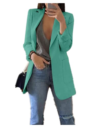 Qichenx Damen Elegant Langarm Blazer Sakko Cardigan Temperament Anzugjacke Einfarbig Slim Fit Revers Geschäft Büro Jacke Kurz Mantel Anzüge Bolero mit Tasche (Grasgrün, M) von Qichenx