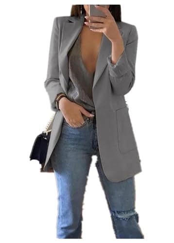 Qichenx Damen Elegant Langarm Blazer Sakko Cardigan Temperament Anzugjacke Einfarbig Slim Fit Revers Geschäft Büro Jacke Kurz Mantel Anzüge Bolero mit Tasche (Grau, 4XL) von Qichenx