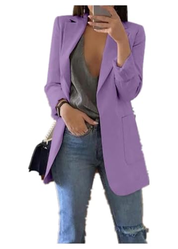 Qichenx Damen Elegant Langarm Blazer Sakko Cardigan Temperament Anzugjacke Einfarbig Slim Fit Revers Geschäft Büro Jacke Kurz Mantel Anzüge Bolero mit Tasche (Lila, XL) von Qichenx