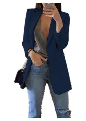 Qichenx Damen Elegant Langarm Blazer Sakko Cardigan Temperament Anzugjacke Einfarbig Slim Fit Revers Geschäft Büro Jacke Kurz Mantel Anzüge Bolero mit Tasche (Marineblau, L) von Qichenx