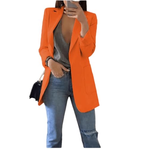 Qichenx Damen Elegant Langarm Blazer Sakko Cardigan Temperament Anzugjacke Einfarbig Slim Fit Revers Geschäft Büro Jacke Kurz Mantel Anzüge Bolero mit Tasche (Orange, M) von Qichenx