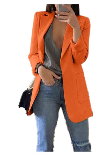 Qichenx Damen Elegant Langarm Blazer Sakko Cardigan Temperament Anzugjacke Einfarbig Slim Fit Revers Geschäft Büro Jacke Kurz Mantel Anzüge Bolero mit Tasche (Orange, S) von Qichenx