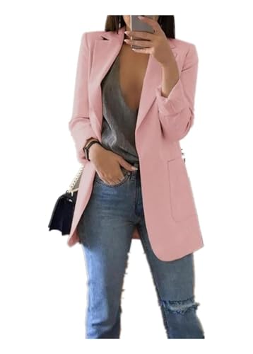 Qichenx Damen Elegant Langarm Blazer Sakko Cardigan Temperament Anzugjacke Einfarbig Slim Fit Revers Geschäft Büro Jacke Kurz Mantel Anzüge Bolero mit Tasche (Rosa, L) von Qichenx