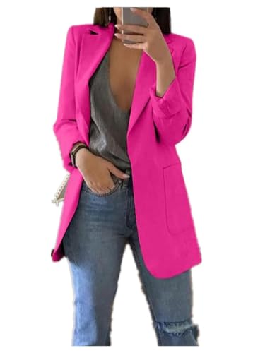 Qichenx Damen Elegant Langarm Blazer Sakko Cardigan Temperament Anzugjacke Einfarbig Slim Fit Revers Geschäft Büro Jacke Kurz Mantel Anzüge Bolero mit Tasche (Rosenrot, 3XL) von Qichenx