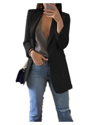 Qichenx Damen Elegant Langarm Blazer Sakko Cardigan Temperament Anzugjacke Einfarbig Slim Fit Revers Geschäft Büro Jacke Kurz Mantel Anzüge Bolero mit Tasche (Schwarz, M) von Qichenx