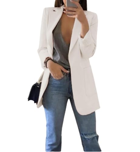 Qichenx Damen Elegant Langarm Blazer Sakko Cardigan Temperament Anzugjacke Einfarbig Slim Fit Revers Geschäft Büro Jacke Kurz Mantel Anzüge Bolero mit Tasche (Weiß, 5XL) von Qichenx