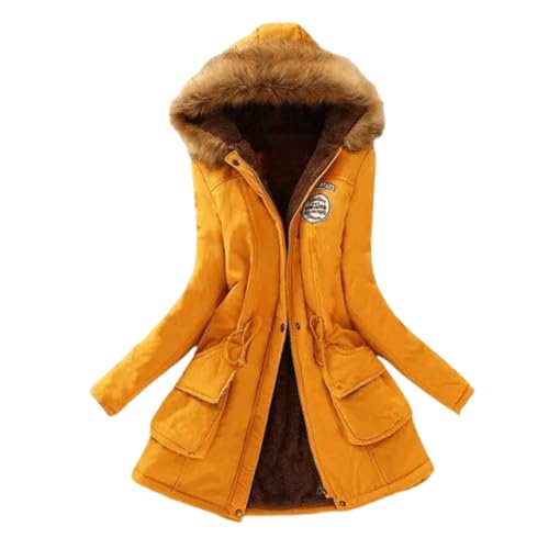 Qichenx Damen Jacke Parka Mantel warme Übergangsjacke gefüttert, Warme Damen Winter Jacke Winterjacke Steppjacke gefüttert Kunstfell (Gelb, L) von Qichenx