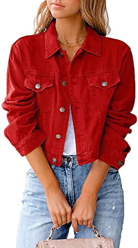 Qichenx Damen Jeansjacke Reverskragen Kurz Lässig Denim Jacket mit Knöpfen Stretch Jacke Sommer Frühling Mantel Jeansjacke, Streetwear (Rot, L) von Qichenx