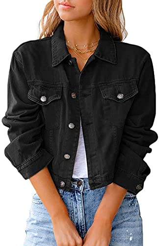 Qichenx Damen Jeansjacke Reverskragen Kurz Lässig Denim Jacket mit Knöpfen Stretch Jacke Sommer Frühling Mantel Jeansjacke, Streetwear (Schwarz, XL) von Qichenx