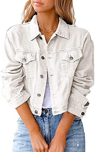 Qichenx Damen Jeansjacke Reverskragen Kurz Lässig Denim Jacket mit Knöpfen Stretch Jacke Sommer Frühling Mantel Jeansjacke, Streetwear (Weiß, M) von Qichenx