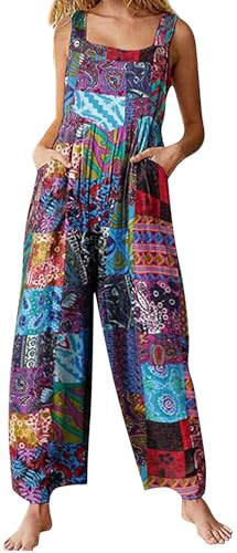 Qichenx Damen Jumpsuit Overall im ethnischen Stil mit Patchwork-Print und Knöpfen Latzhose Elegant Baggy Boho Kleidung Ärmellos Overall für Damen Sommer (Blau, S) von Qichenx