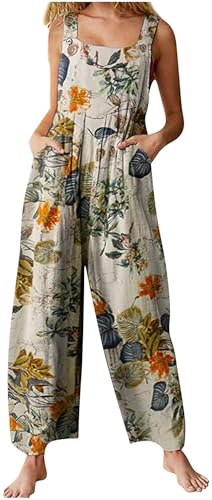 Qichenx Damen Jumpsuit Overall im ethnischen Stil mit Patchwork-Print und Knöpfen Latzhose Elegant Baggy Boho Kleidung Ärmellos Overall für Damen Sommer (Gelb, S) von Qichenx