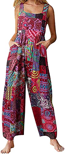 Qichenx Damen Jumpsuit Overall im ethnischen Stil mit Patchwork-Print und Knöpfen Latzhose Elegant Baggy Boho Kleidung Ärmellos Overall für Damen Sommer (Rot, 2XL) von Qichenx