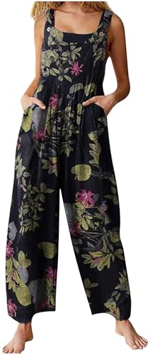 Qichenx Damen Jumpsuit Overall im ethnischen Stil mit Patchwork-Print und Knöpfen Latzhose Elegant Baggy Boho Kleidung Ärmellos Overall für Damen Sommer (Schwarz, M) von Qichenx