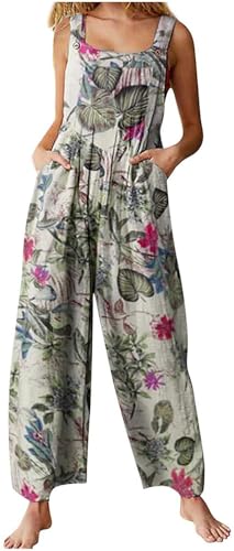Qichenx Damen Jumpsuit Overall im ethnischen Stil mit Patchwork-Print und Knöpfen Latzhose Elegant Baggy Boho Kleidung Ärmellos Overall für Damen Sommer (Weiß, XL) von Qichenx
