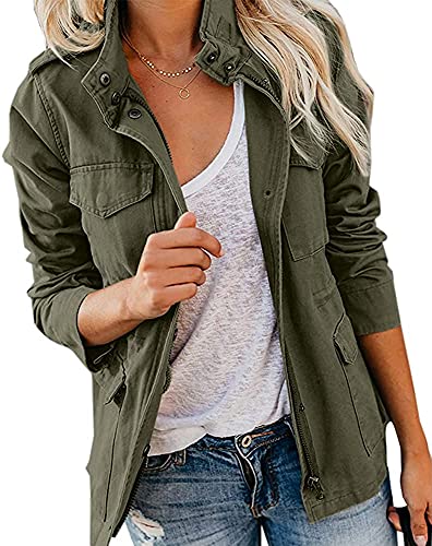 Qichenx Damen Übergangsjacke Parka Stehkragen Mehr Taschen Utility Jacket Leicht Sommerjacke Boyfriend (Armee Grün, M) von Qichenx