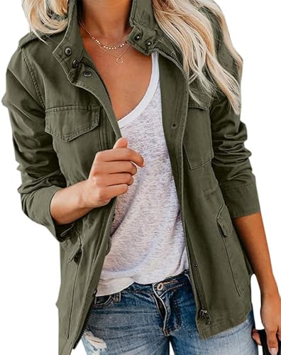 Qichenx Damen Übergangsjacke Parka Stehkragen Mehr Taschen Utility Jacket Leicht Sommerjacke Boyfriend (Armee Grün, S) von Qichenx
