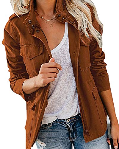 Qichenx Damen Übergangsjacke Parka Stehkragen Mehr Taschen Utility Jacket Leicht Sommerjacke Boyfriend (Braun, L) von Qichenx