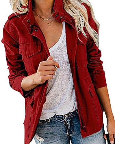 Qichenx Damen Übergangsjacke Parka Stehkragen Mehr Taschen Utility Jacket Leicht Sommerjacke Boyfriend (Rot, L) von Qichenx