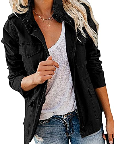 Qichenx Damen Übergangsjacke Parka Stehkragen Mehr Taschen Utility Jacket Leicht Sommerjacke Boyfriend (Schwarz, 2XL) von Qichenx