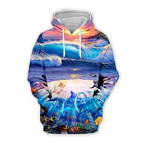 Qienjn Pullovers Herren 3D Delphin Print Herren Hoodie Jugend College Paar Urlaub Casual Kordelzug Tasche Frühling Und Herbst Herren Sportshirt YWS-01 S von Qienjn