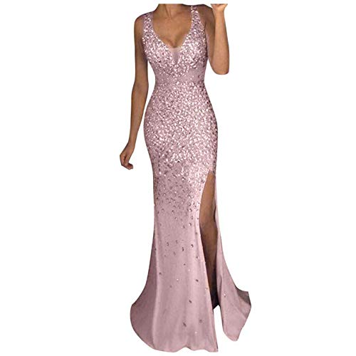 Qigxihkh Damen Pailletten Prom Party Ballkleid Sexy Gold Abend Brautjungfer V-Ausschnitt Langes Kleid（Rosa, L） von Qigxihkh