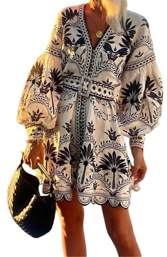 Qikaka Damen-Minikleid mit Puffärmeln, tiefer V-Ausschnitt, bedruckt, figurbetont, Nachtclub, Party, Gürtel, Schwarz, Mittel Qikaka Damen-Minikleid mit Puffärmeln, tiefer V-Ausschnitt, bedruckt, figurbetont, Nachtclub, Party, Gürtel, Schwarz, Mittel von Qikaka