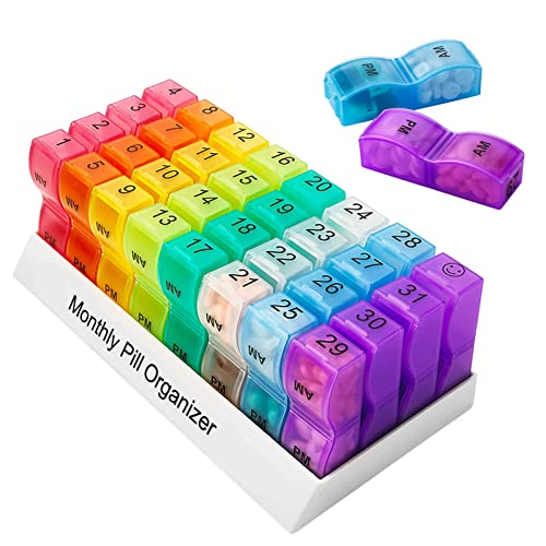 Monat Tablettenbox Morgens Abends 2 Fächer, Klein Pillendose Große Fächer, Medikamentenbox,Pillen-Organizer, Aufklappbarer Tablettenspender,Regenbogenfarbener Tablettenbehälter 20.5x10.3x7cm von Qikam
