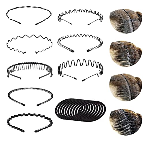 Unisex Metall Haarband, 8 PCS Schwarz Welle Haarreifen Damen Herren, Spring Wave Haarband, für Sport, Fitness, tägliches Make-up (Kostenlos Zehn Haarseile) von Qikuver