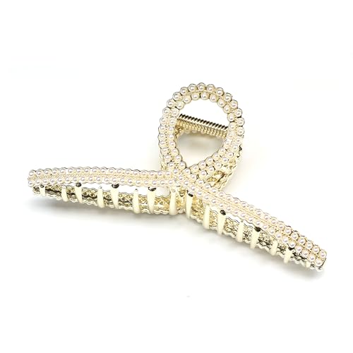 QinGoo Groß Metallisch Kreuz Haarklammer glitzer Klauen Haarspange Schöne Damen Haarschmuck Elegant Haar-Accessoire 1stück(11.5cm*4.3cm,Perle) von QinGoo