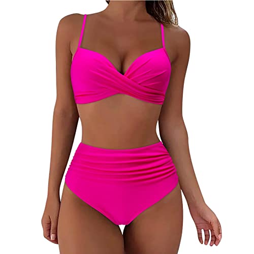 Damen Bikini Set Push Up Zweiteiliger Elegante Sport Bikinidamen Glänzend Badebekleidung Tanga Streifen Pailletten Badeanzug Weicher Bequemer Schulterfreier Bikini breite (08-1-A-Hot Pink, L) von QinMMSPORTS