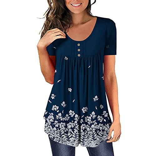 QinMMSPORTS Damen Bluse Lässige Kurzarm Button Up Gradient Gefaltete Tunika Tops Henley Tops Lose Gebogene Hem Shirts Damen T-Shirt Kurzarm V-Ausschnitt Knopfleiste Bluse Longshirt Elegant (A03, XL) von QinMMSPORTS