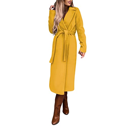 Damen Jacke Windbreaker Trenchcoat Faux Wollmantel Dünner Mantel Trench Lange Jacke Damen Schlanker Langer Gürtel Elegante Overcoat utwear Filz Mantel Damenmantel Wollmantel Windjacke (E-Gelb, XXL) von QinMMSPORTS