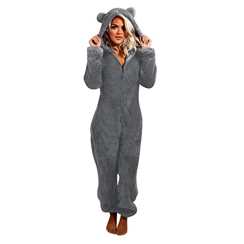 Damen Jumpsuit Teddy Fleece Einteiler Schlafoverall Pyjama Overall Flauschig Onesie Warm Strampelanzug Nachtwäsche Loungewear Jumpsuit, Onesie Hoodie Einteiler Schlafanzug, Warm (6-Dark Gray, XXL) von QinMMSPORTS