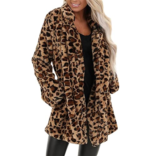 Damen Mäntel mit Taschen Leopard Cardigan Winterjacke Jacke Cardigan Damen Plüschjacke Langarmshirt Wintermantel ReversFaux Lose Langarm Outwear Damen Kunstpelz Lang Plüschmantel (Brown, XL) von QinMMSPORTS