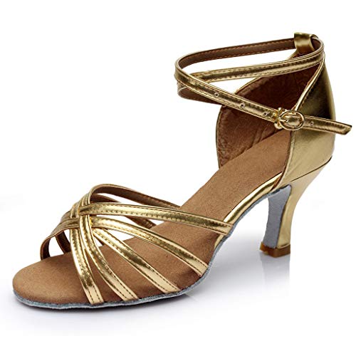 Latein Tanzschuhe Damen Latein Tango Tanzschuhe Ballsaal Salsa Tanzen Schuhe Heels Sandalen Latin Trainning Schuhe Mädchen Schuhe (Gold, 37) von QinMMSPORTS