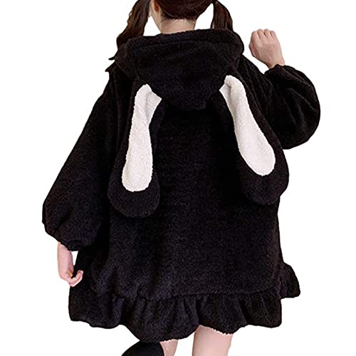 Lolita Kleid Japanischer Stil Herbst Winter Frauen Süße Warme Jacke Kawaii Weiche Lammwolle Rüschen Kaninchenohren Kapuzenmäntel Mädchen Parkas Outwear Tops (Schwarz, S) von QinMMSPORTS