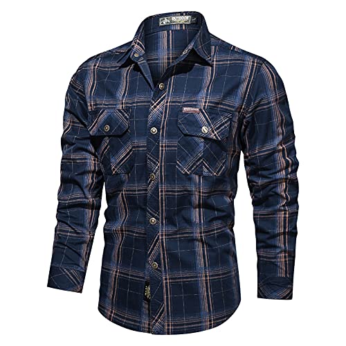 Männer Lange Ärmel Flanellhemden Button Down Shirts Herren Freizeithemd Normale Passform Holzfällerhemd Jacke mit Druckknöpfen Kariert Hemd Vintage Freizeithemd Kariert Plaid Shirt (Blau, L) von QinMMSPORTS