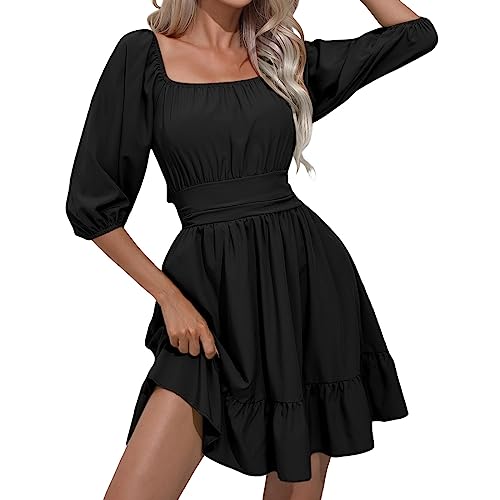 Piratenkleid Damen Rüschenkleid mit Puffärmel Gothic Kleid mit Eingenähte Shorts Jumpsuit Kleid Schulterfrei Flowy Layered Partykleid für Karneval Kostüm Faschingskostüme Sommerkleid (02-Black, S) von QinMMSPORTS