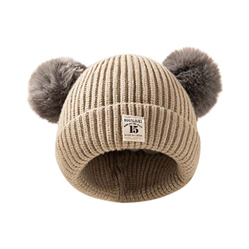 QinMMSPORTS Baby Mütze Kinder Warme Gestrickte Wintermütze mit Zwei Bommeln Perfekt Beanie für Winter und Herbst Winter Warme Rippstrickmütze Bunte Ohren Doppel-Pom-Mütze (Beige, Einheitsgröße) von QinMMSPORTS