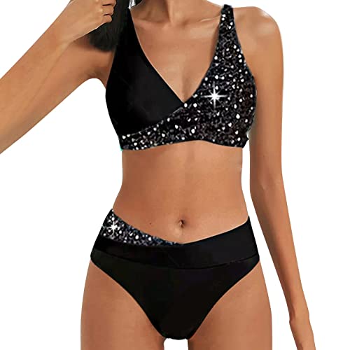 QinMMSPORTS Bikini Set Damen Triangel Breites Unterbrustband Gerippte Bademode Zweiteiliger Badeanzug Elegante Zweiteilige Streifen Pailletten Push Up Tanga Badebekleidung Hoch Geschnittener Bikini von QinMMSPORTS