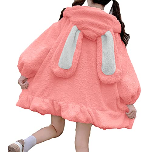 Cute Hoodie Damen Bunny Ear Hoodie Jacket Langarm Pullover Kawaii Fuzzy Fluffy Rabbit Sweatshirt mit Kapuze Jacke Mäntel für Teenager Mädchen (Hot Pink #1, XL) von QinMMSPORTS