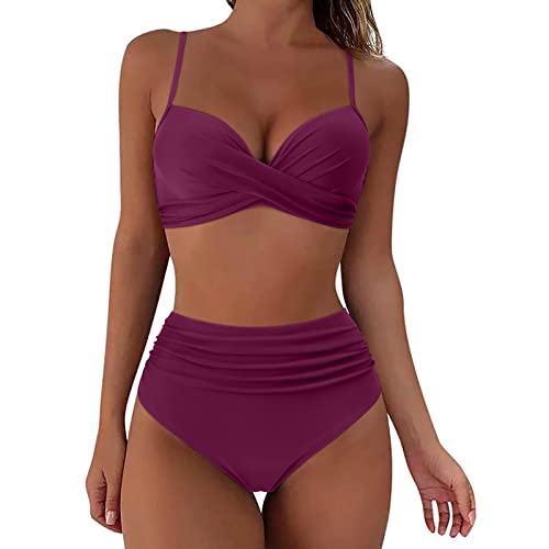 QinMMSPORTS Damen Bikini Set Push Up Zweiteiliger Elegante Sport Bikinidamen Glänzend Badebekleidung Tanga Streifen Pailletten Badeanzug Weicher Bequemer Schulterfreier Bikini breite (08-1-A-Wine, M) von QinMMSPORTS