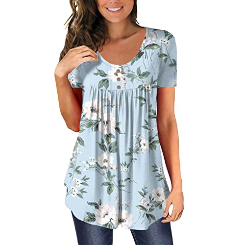 QinMMSPORTS Damen Bluse Lässige Kurzarm Button Up Gradient Gefaltete Tunika Tops Henley Tops Lose Gebogene Hem Shirts Damen T-Shirt Kurzarm V-Ausschnitt Knopfleiste Bluse Longshirt Elegant (B09, XXL) von QinMMSPORTS