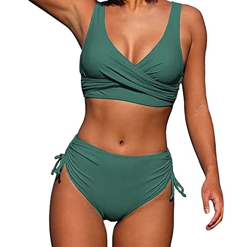 QinMMSPORTS Damen Cross Back Badeanzüge Twist Front Bademode Kordelzug Side Bikini Sets Damen Bikini Set Wickeloptik Lace Up Bikini Bademode V Ausschnitt Blumenmuster Zweiteiliger Badeanzug Swimsuit von QinMMSPORTS