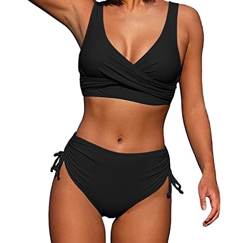 QinMMSPORTS Damen Cross Back Badeanzüge Twist Front Bademode Kordelzug Side Bikini Sets Damen Bikini Set Wickeloptik Lace Up Bikini Bademode V Ausschnitt Blumenmuster Zweiteiliger Badeanzug Swimsuit von QinMMSPORTS