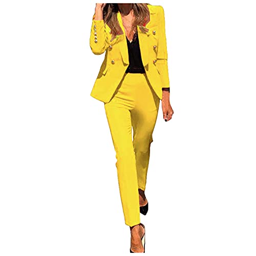 QinMMSPORTS Damen Elegant Business Anzug Set Hosenanzug Blazer Hose 2-teilig Anzug Karo Kariert Zweiteiler Slimfit Streetwear Revers Büro Business Formal Blazer Langarm Anzugjacke (Gelb, L) von QinMMSPORTS