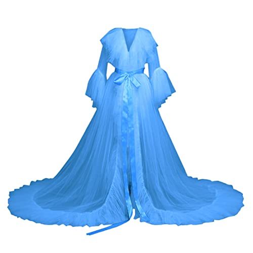 QinMMSPORTS Damen Kimono Nachthemd Transparent Spitze Morgenmantel See-Through sexy Feder Spitze Nacht Robe abgefackelt Hülsenendbereichs Kleid Parteinachtwäsche (Blue, Einheitsgröße) von QinMMSPORTS
