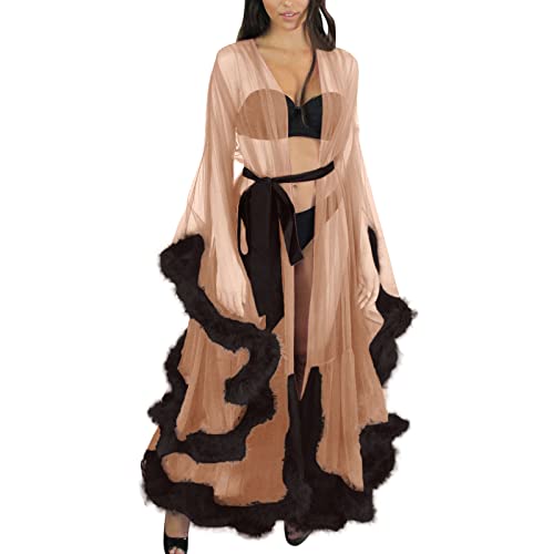 QinMMSPORTS Damen Kimono Nachthemd Transparent Spitze Morgenmantel See-Through sexy Feder Spitze Nacht Robe abgefackelt Hülsenendbereichs Kleid Parteinachtwäsche (Khaki, Einheitsgröße) von QinMMSPORTS